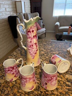 Hand-Painted Floral Porcelain Pitcher and Mug Set in Pink
